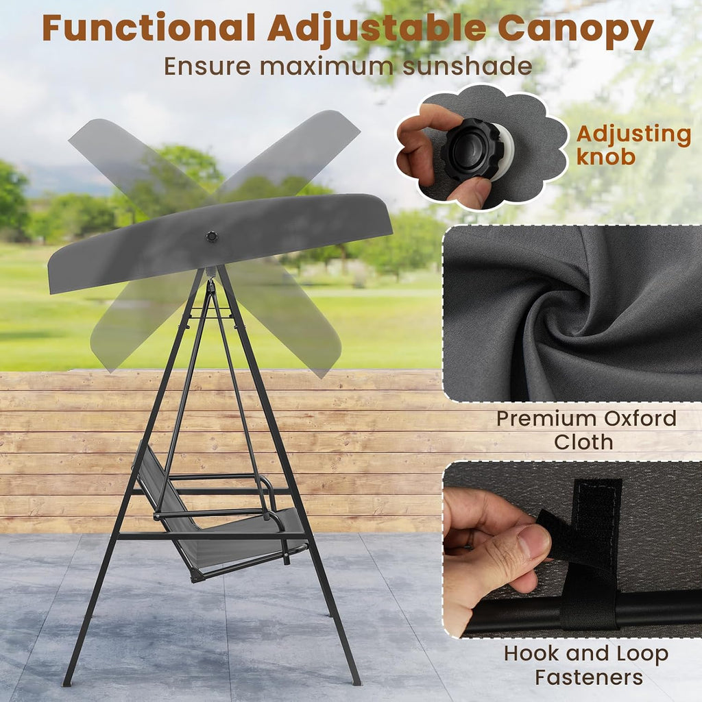 Tangkula 2 Person Porch Swing, Patio Swing with Adjustable Canopy, Heavy-Duty Metal Frame & Soft Cushion, Outdoor Swing for Backyard, Garden (Grey)
