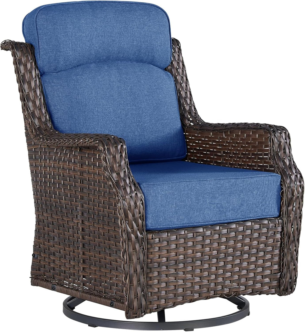 Outdoor Wicker Swivel Rocker Chair with 6-Inch Thick Cushions, High Back Patio Glider Chair, 360° Swivel & Rocking Motion for Porch, Deck, Balcony, Poolside, Brown/Blue