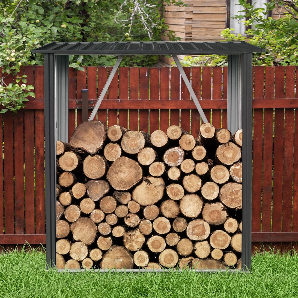 Outdoor Steel Firewood Rack, 3ft x 5ft Weather Resistant Open Wood Shed with Sloped Roof for Firewood, Pellet, or Lumber Storage, Black