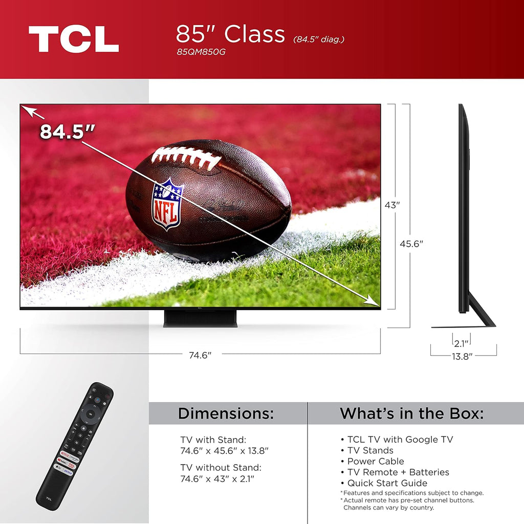TCL 85-Inch QM8 QLED 4K Smart Mini LED TV with Google TV (85QM850G, 2023 Model) Dolby Vision, Dolby Atmos, HDR Ultra, Game Accelerator up to 240Hz, Voice Remote, Works with Alexa, Streaming Television