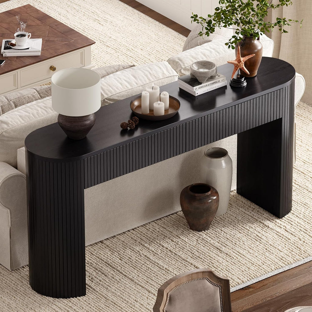 63 Inch Console Table with 2 Drawers, Fluted Entryway Tables with Storage, Sofa Table Behind The Couch, Hallway Tables, Mid-Century Modern Foyer Table for Entryway, Hallway, Living Room, Black