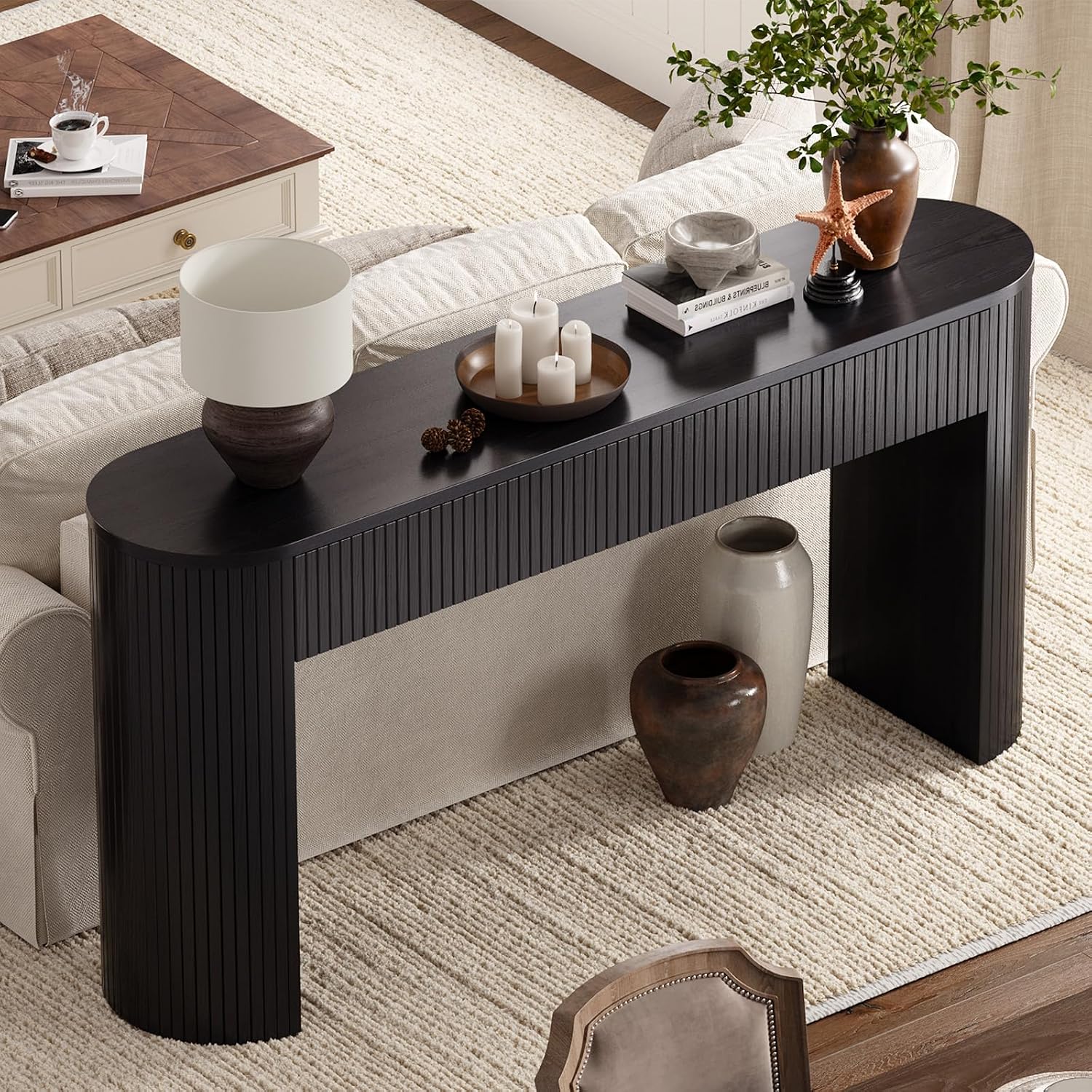 63 Inch Console Table with 2 Drawers, Fluted Entryway Tables with Storage, Sofa Table Behind The Couch, Hallway Tables, Mid-Century Modern Foyer Table for Entryway, Hallway, Living Room, Black