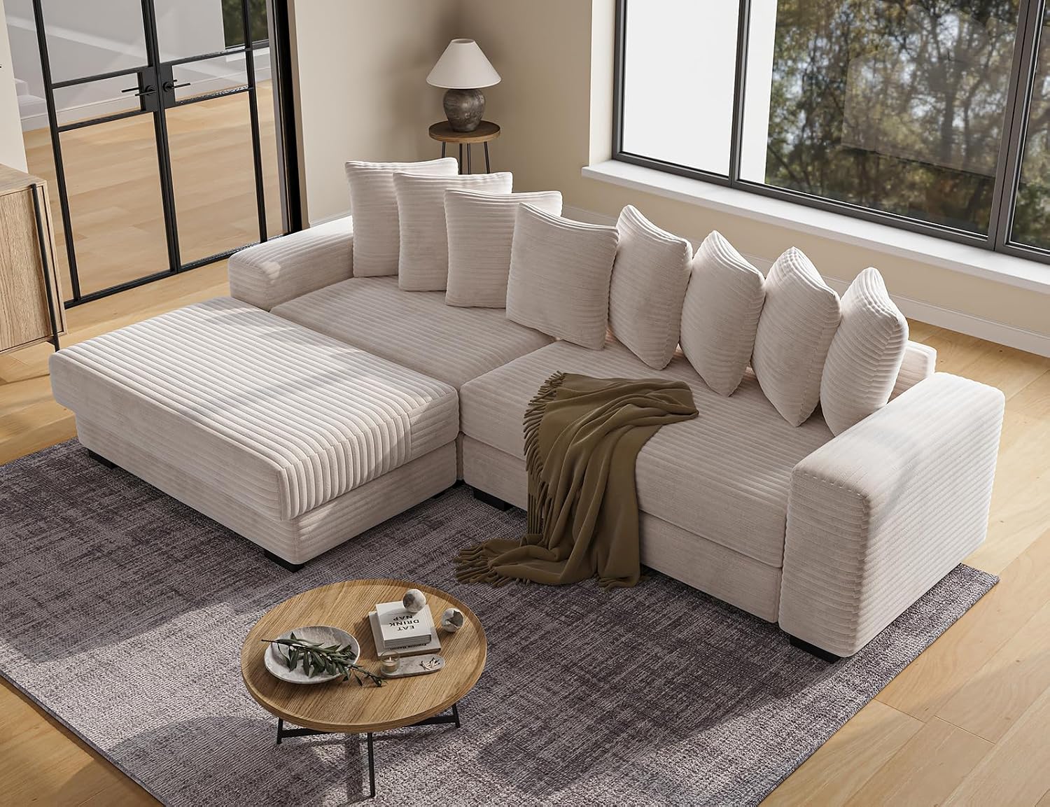 ohllob 110' Modular Sectional Sofa, L Shaped Couch with Chaise Lounge, Fluffy Corduroy Cloud Couch with Deep Seat for Living Room (Beige)