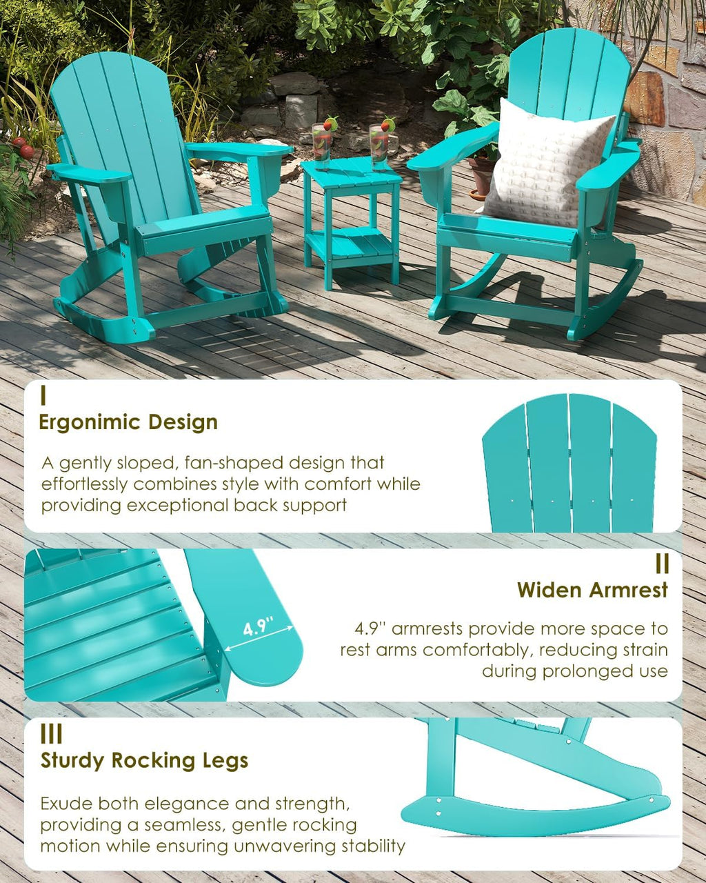 GREENVINES Adirondack Rocking Chair | HDPE Plastic | Porch Rocker | Chair for Outdoor Patio Deck | All Weather | Aqua