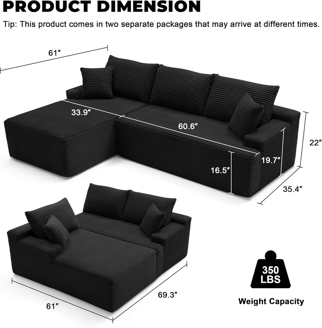 Mangodan Cloud Sectional Sofa, Boneless Couch for Living Room, Modular Sectional Sofa with Deep Seat, Fluffy Comfy Couch with L-Shaped Chaise, No Assembly Required, Black