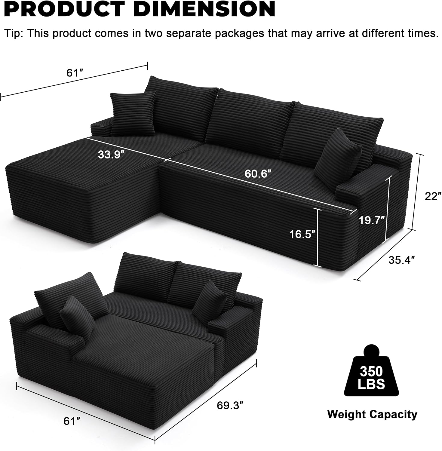 Mangodan Cloud Sectional Sofa, Boneless Couch for Living Room, Modular Sectional Sofa with Deep Seat, Fluffy Comfy Couch with L-Shaped Chaise, No Assembly Required, Black