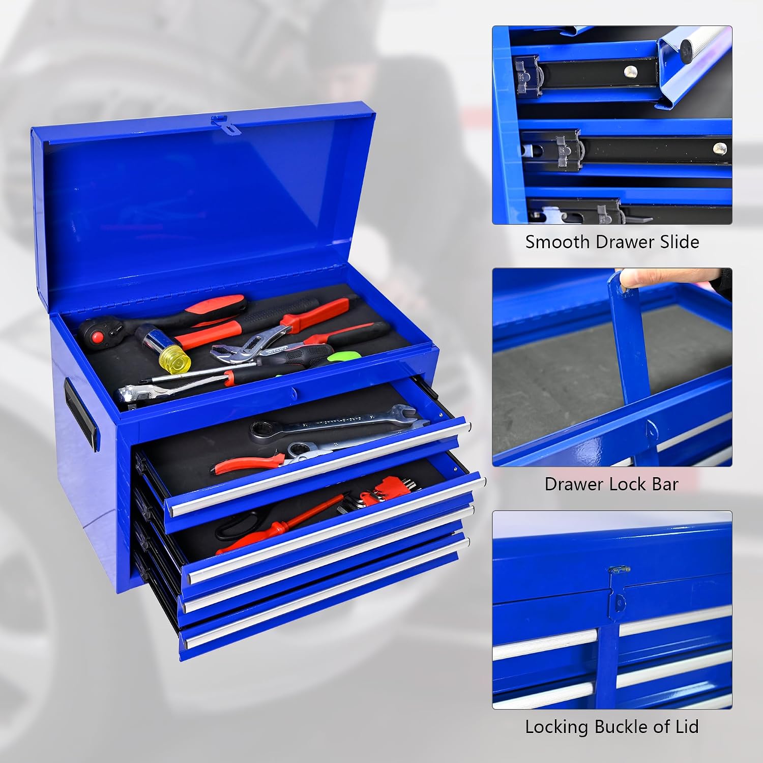 5-Drawer Tool Chest, Rolling Tool Box with Detachable Top Toolbox & Universal Wheels, Tool Cabinet with Lock Bar, Protective Liner & Tool Rack, Metal Storage Cart for Workshop,Garage (Blue)