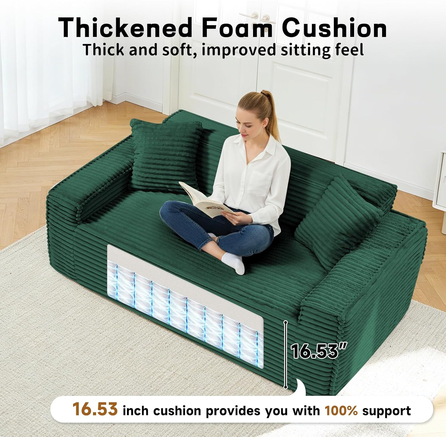 3 Seater Sofa Couch for Living Room (Green, 38' D + 2 Pillows)