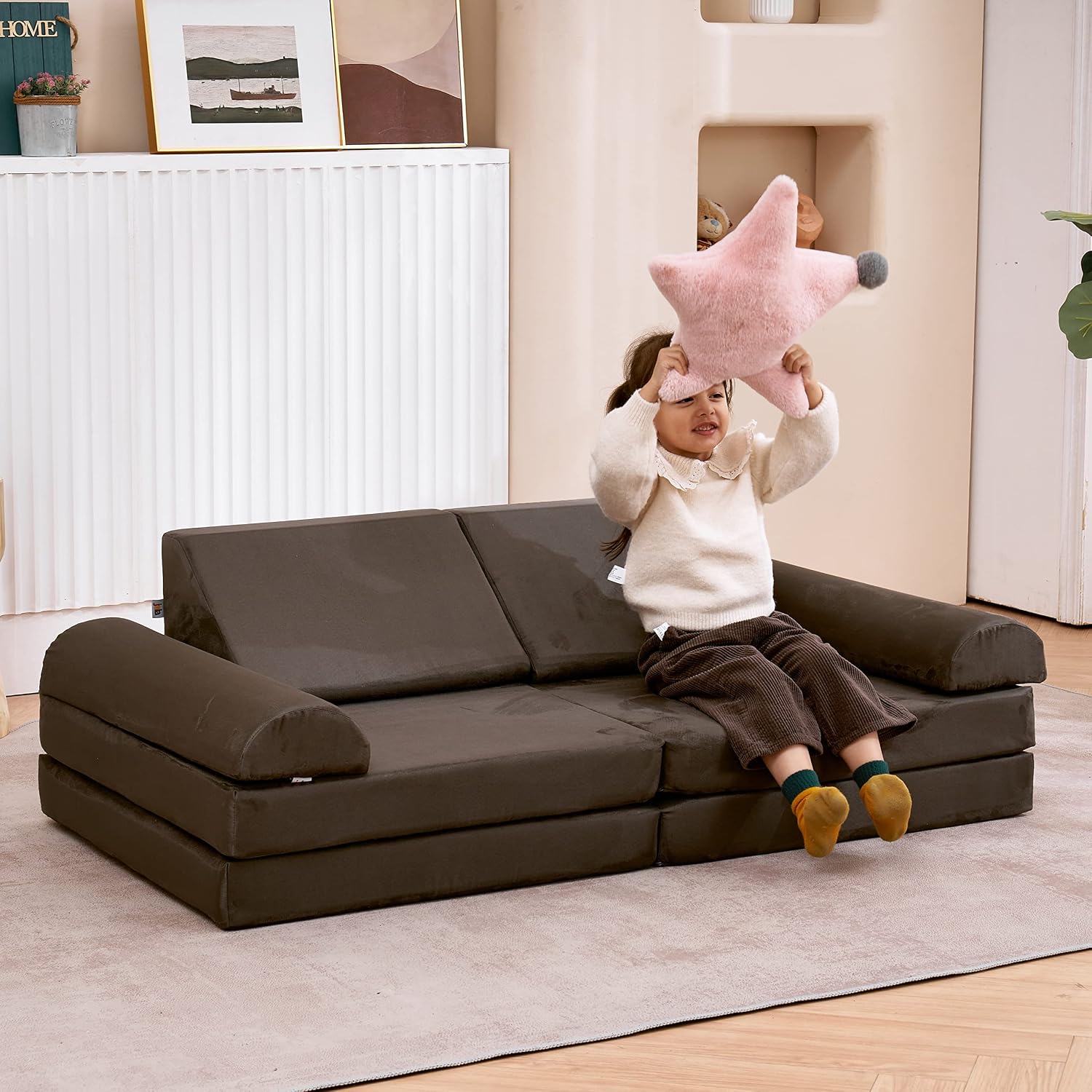 jela Kids Couch Safety Certified Play Couch Soft Kids Sofa with Machine Washable Cover Thick Foam Fort Building Set for Playroom Indoor (57'x28'x18', Charcoal)