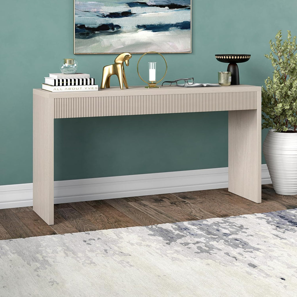Henn&Hart 55' Rectangular Fluted Console Table, Ribbed Entryway Table, Sofa Table for Entryway, Living Room, Couch, Hallway, or Office, Beech White