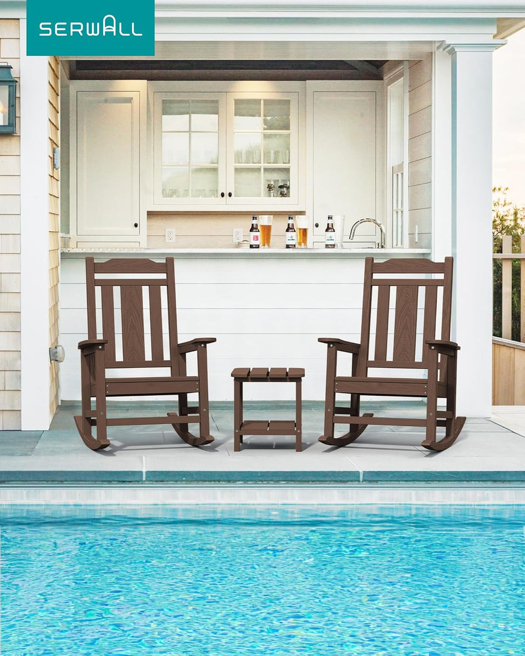 SERWALL HDPE Outdoor Rocking Chairs for Adults, Outdoor Rocking Chairs Set of 2, Patio Rocking Chair Sets, Coffee