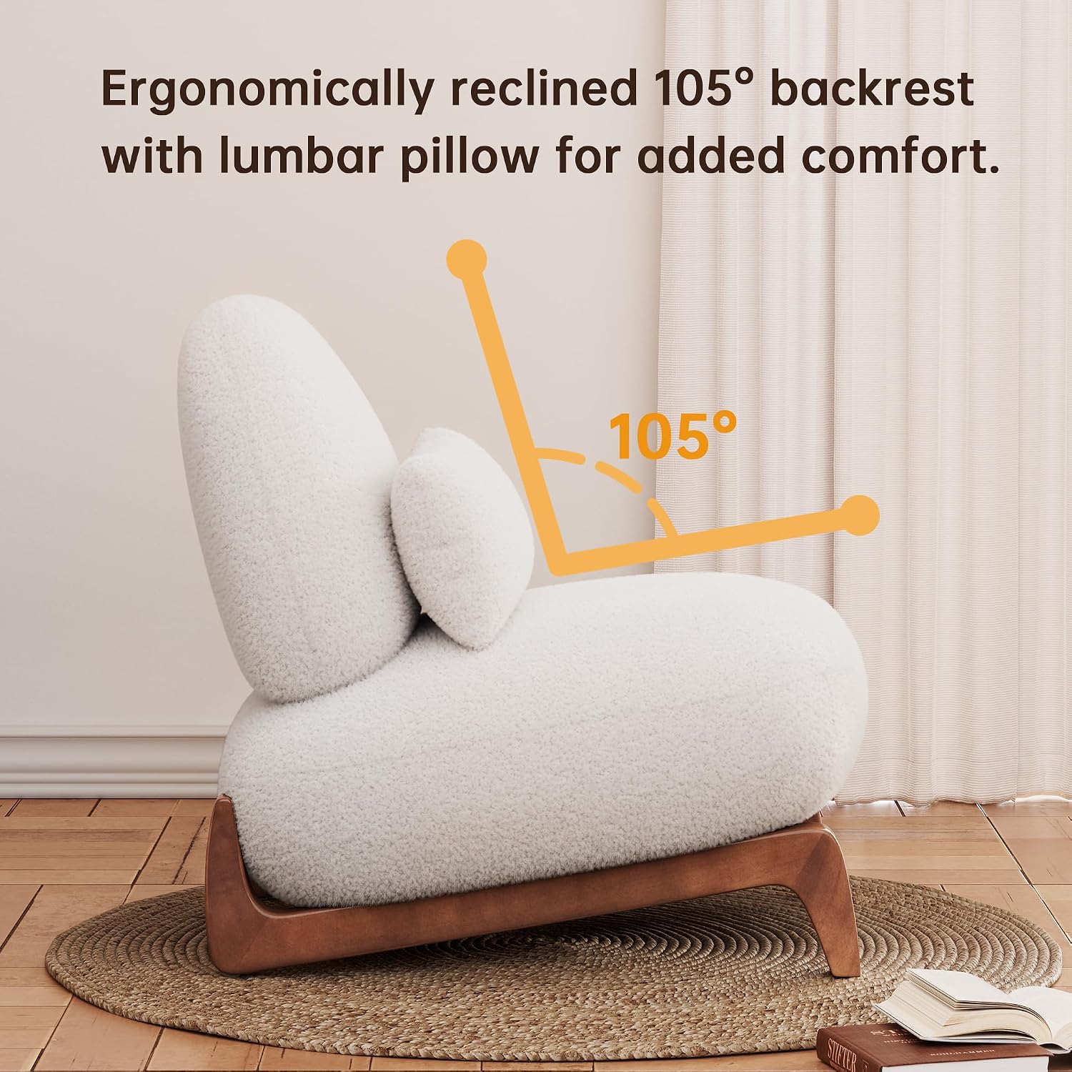 Morden Fort Modern Boucle Armless Accent Chair, Tilted Wood Legs, Thick Cushion, Lumbar Pillow, Off White, Living Room