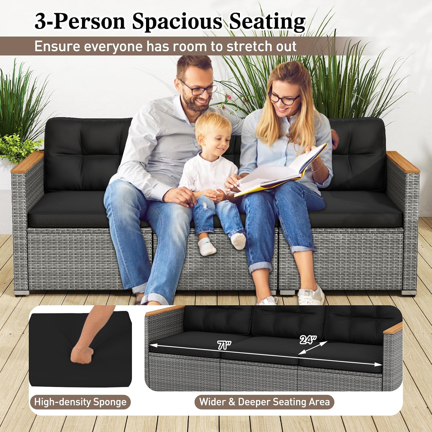 Tangkula 3-Seat Patio Wicker Couch Sofa, Outdoor 3 Seater Rattan Furniture Set with Acacia Wood Armrests & Thick Cushion, Outside Sectional Sofa Couch for Porch, Deck, Garden and Backyard, Black
