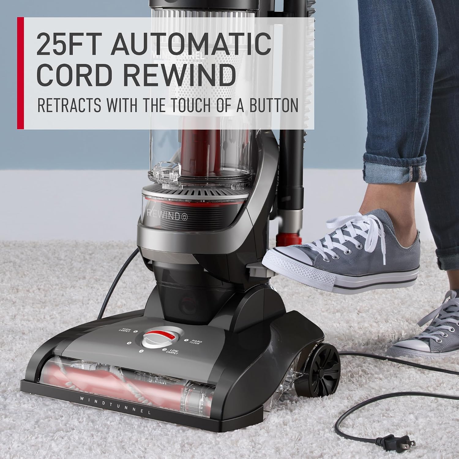 Hoover WindTunnel Cord Rewind Pro Bagless Vacuum Cleaner, Corded Upright Vacuum Cleaner for Carpet and Hard Floor, Multi-Cyclonic Filtration, 25ft Auto-Rewind Cord, 5-Height Adjustment