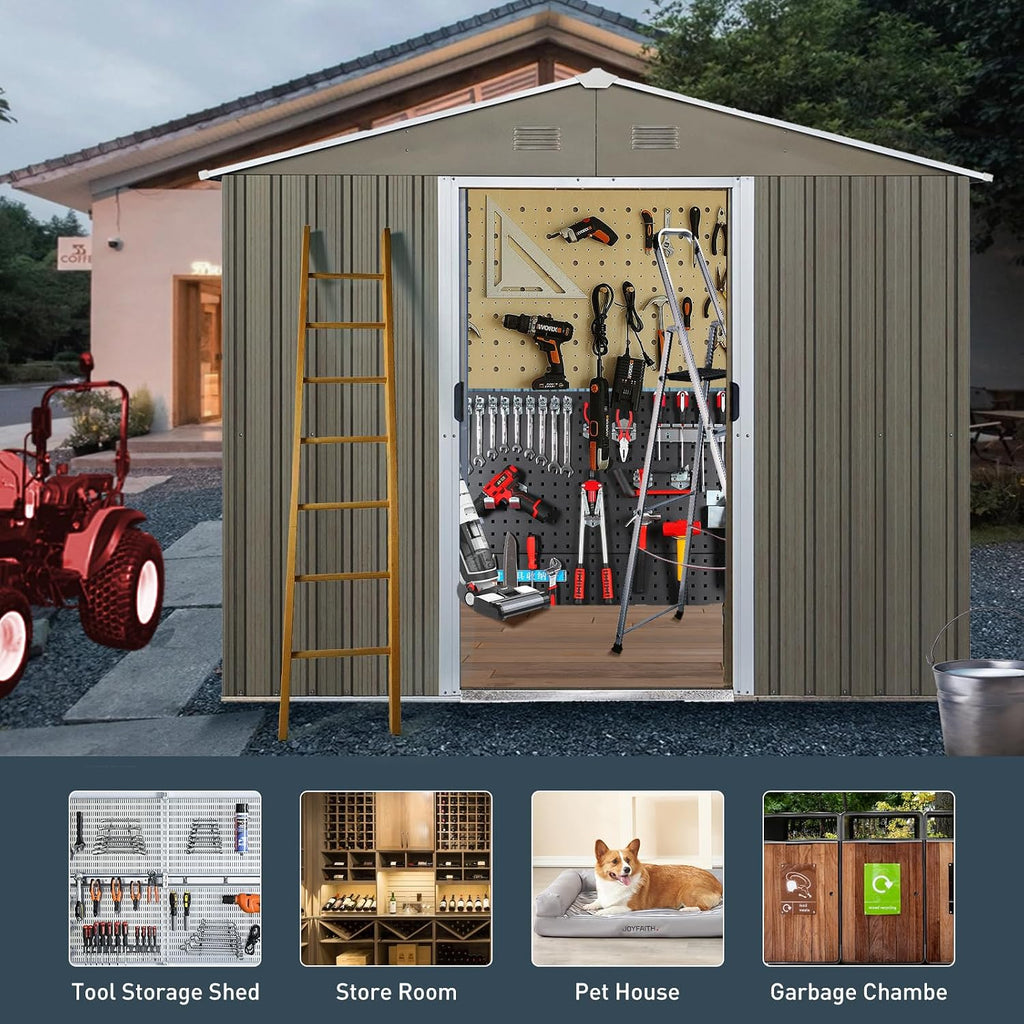 8x6 ft Outdoor Metal Storage Shed with Floor Foundation and Window, Lockable Galvanized Steel Tool Shed with Sliding Door and Air Vent, Waterproof Garden Storage House for Backyard, Patio