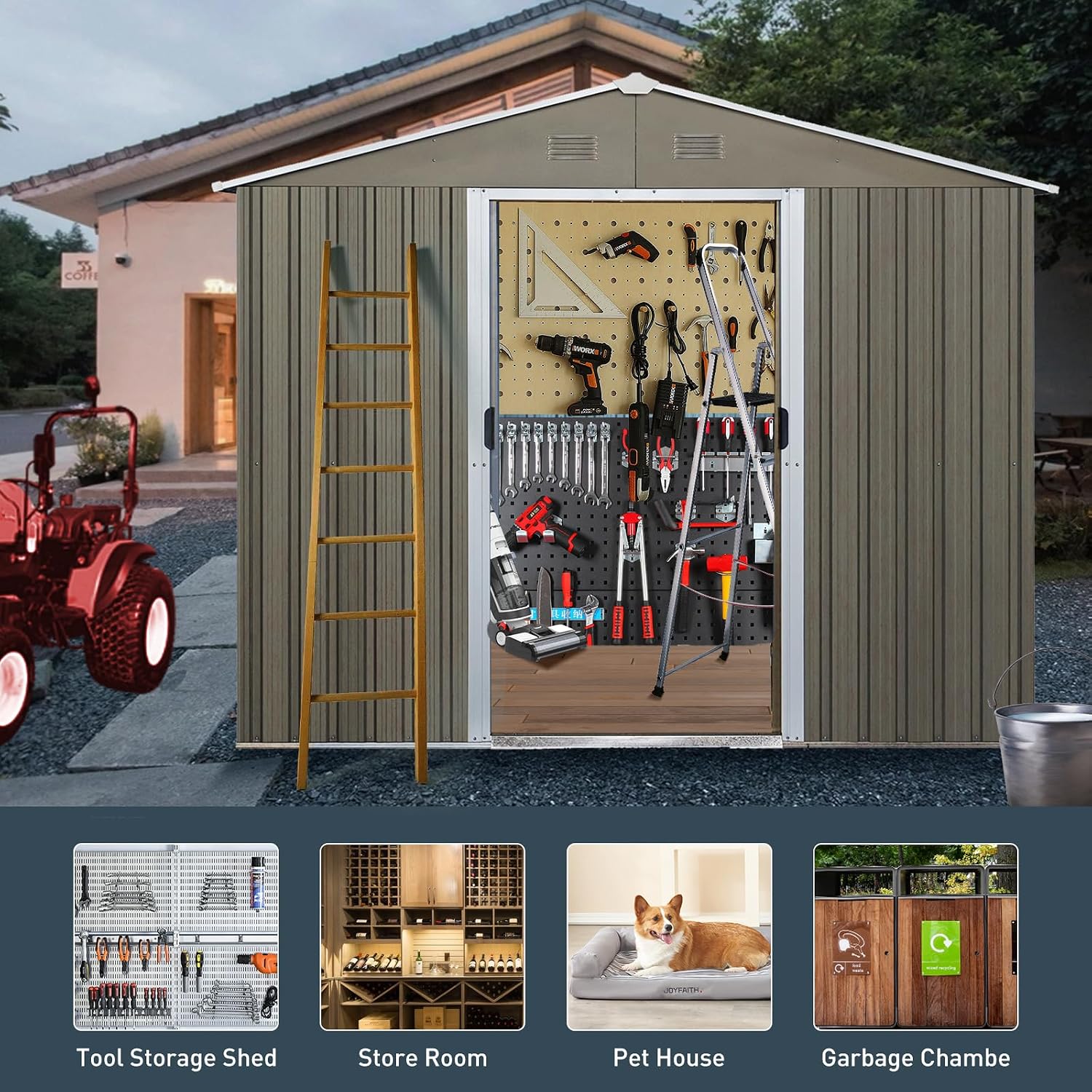 8x6 ft Outdoor Metal Storage Shed with Floor Foundation and Window, Lockable Galvanized Steel Tool Shed with Sliding Door and Air Vent, Waterproof Garden Storage House for Backyard, Patio
