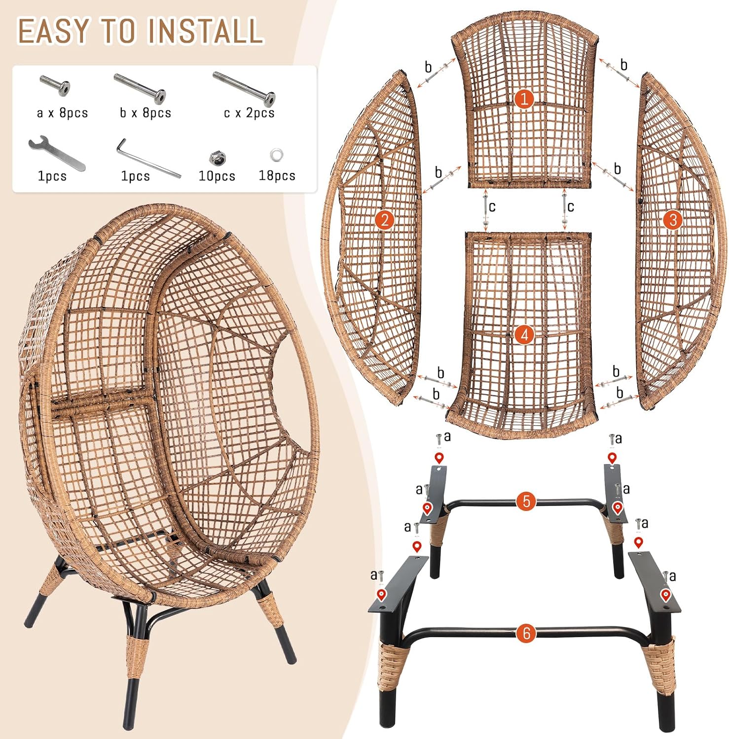 RADIATA 2 pcs Egg Chair with Footrest, Wicker Patio Lounger with Ottoman for 2, Oversized Rattan Egg Shaped Chair with Leg for Indoor Outdoor Patio Balcony Garden (Brown, 2pcs)