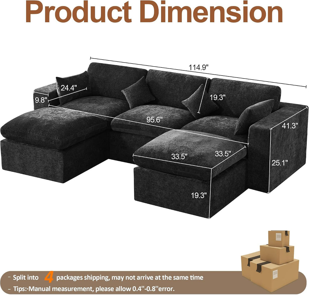 115'' Cloud Boneless Sectional Couch, Modular Sectional Sofa Deep Seat with 2 Ottomans, Oversized Upholstered Convertible Comfy 5 Seater Chenille Sofa U Shape Couches for Living Room, Dark