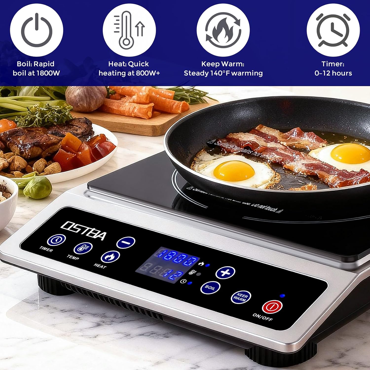 OSTBA 1800W Commercial Induction Cooktop, 7' Heating Coil Countertop Induction Burner, 10 Power Levels & 120–460°F Temperature Control, 3H Timer, Keep Warm, ETL Certified