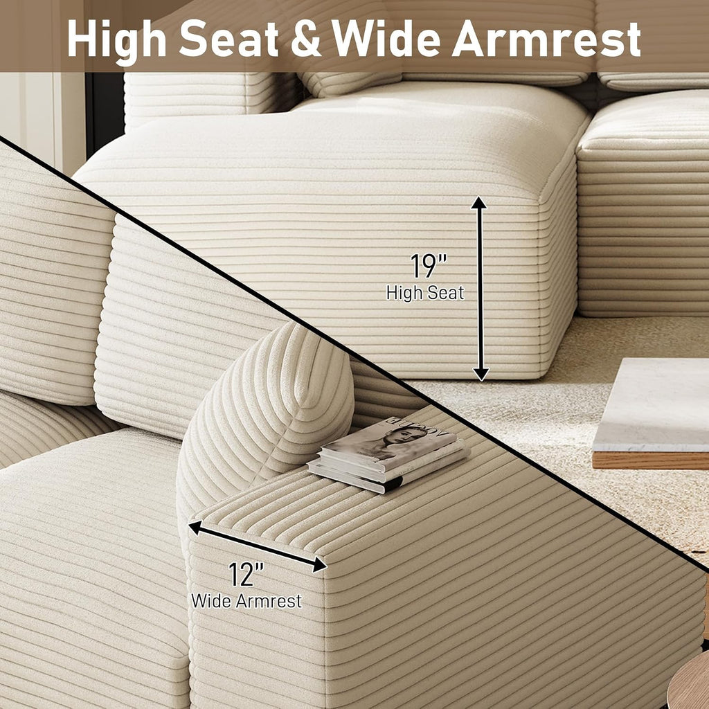 109' L-Shaped Boneless Cloud Sectional Couches, Comfy Corduroy Fluffy Modular Sectional Sofa with Left-Facing Chaise, Deep Seat Memory Foam Plush Couch for Living Room, Small Spaces, Beige White