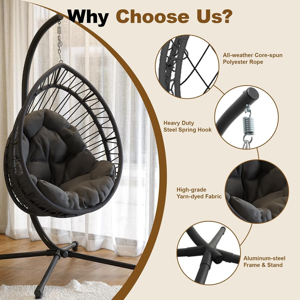 GOWE Outdoor Egg-Shaped Hanging Chair with Stand, Patio Egg-Shaped Swing Chair, Indoor Rocking Chair, Outdoor Hammock Egg-Shaped Chair, Dark Gray