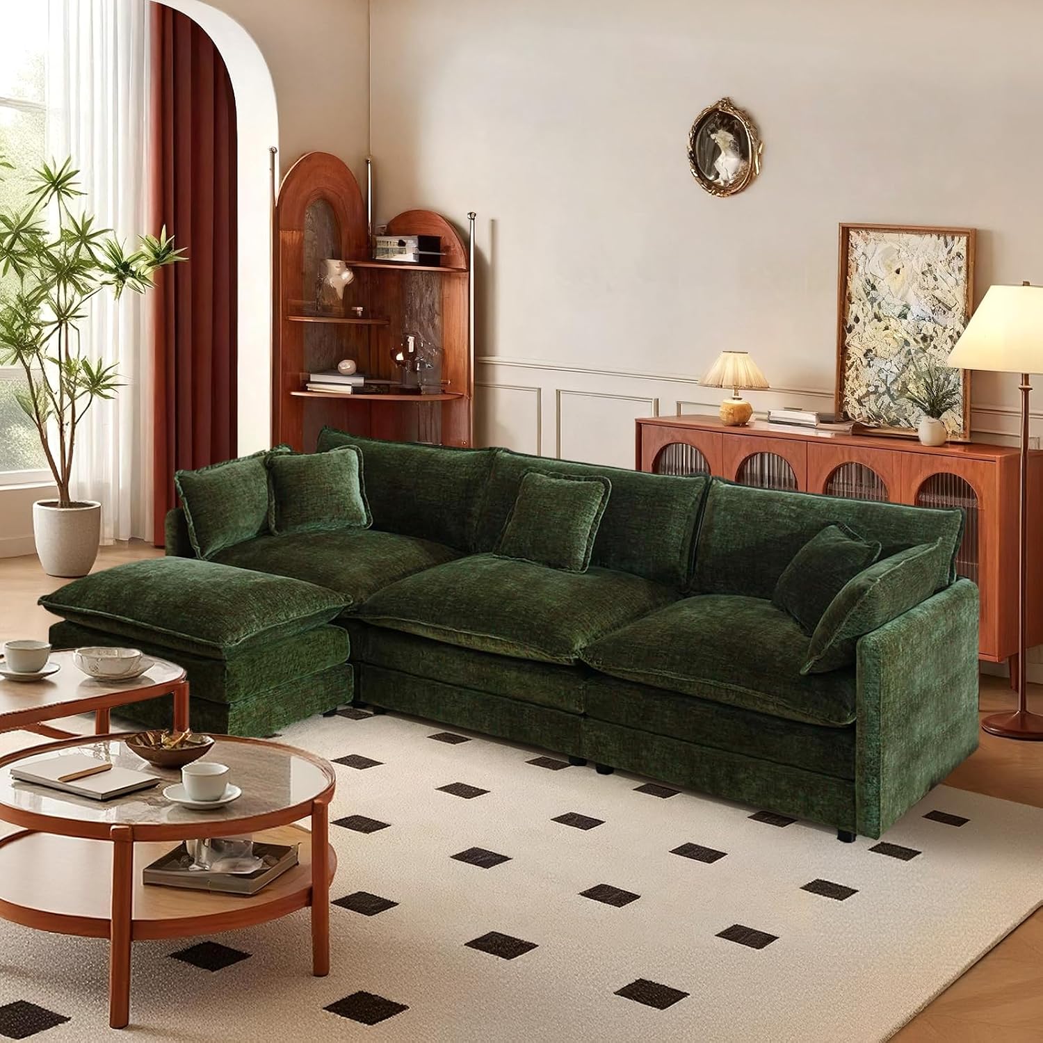 SoarFlash Chenille Sectional Sofa, Comfy L Shaped Modular Coush Sofa with Ottoman, Modern 3 Seat Couch Deep Seat Sofa Set for Living Room,Green