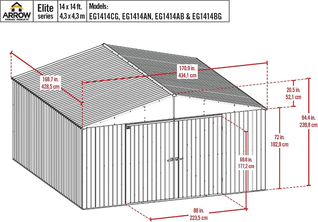 Arrow Shed Elite 14' x 14' Tall Outdoor Steel Storage Shed with High Gable and Lockable Doors Storage Building, Blue Grey