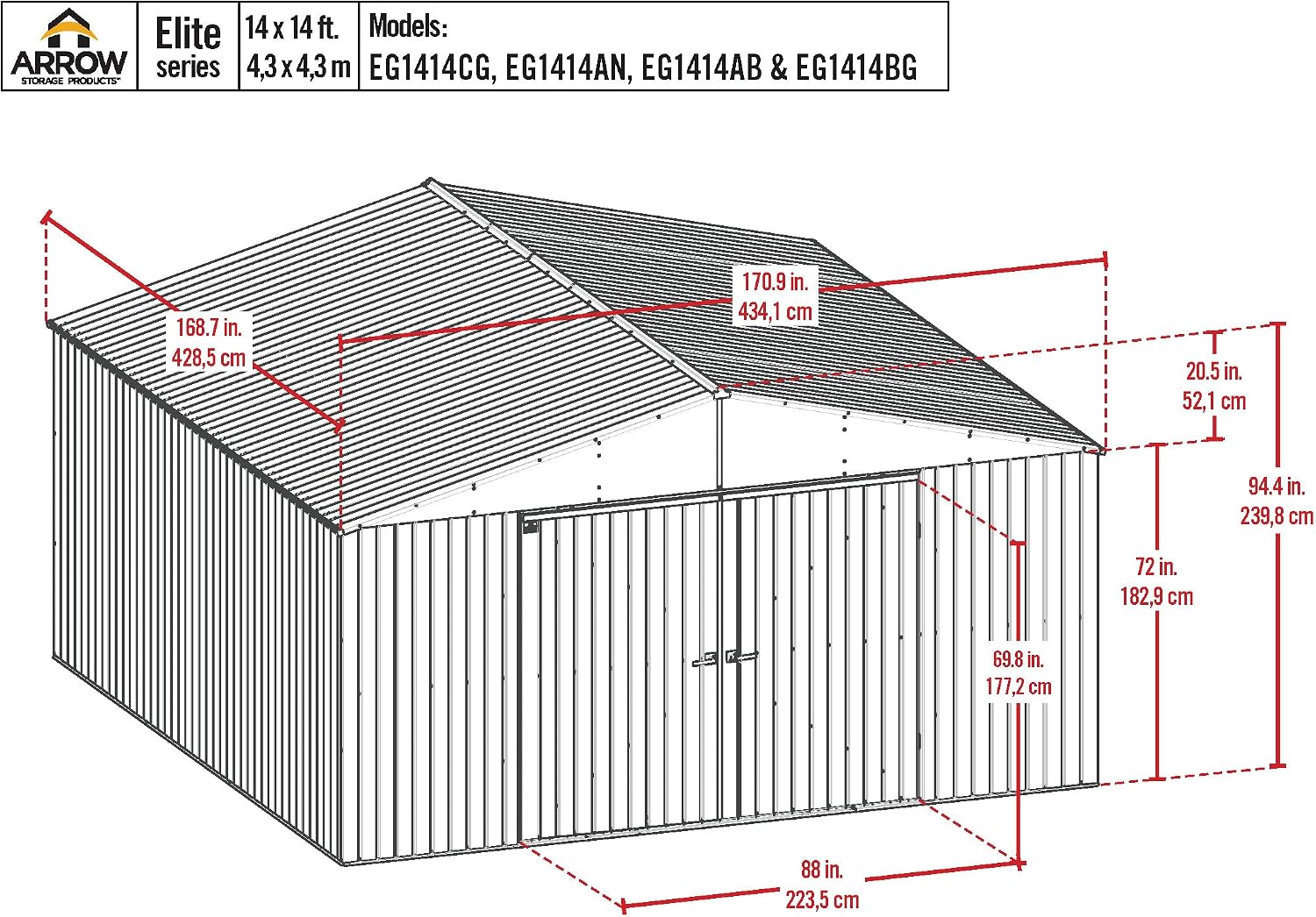 Arrow Shed Elite 14' x 14' Tall Outdoor Steel Storage Shed with High Gable and Lockable Doors Storage Building, Blue Grey
