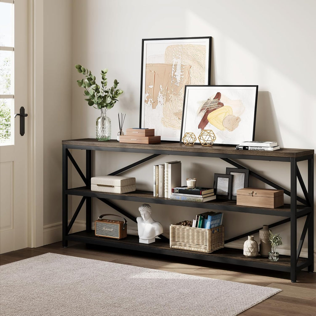 ONBRILL Industrial Console Sofa Table,70.8 Inch Extra Long Entryway Table with 3 Tier Wood Storage Shelf for Living Room, Hallway, Entrance, Narrow Sofa Table with Metal Frame, Black and Brown