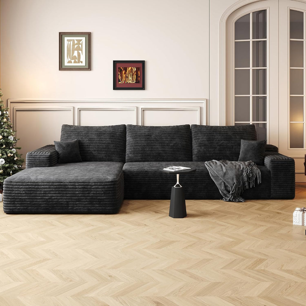 107 inch Cloud Sectional Couch Boneless Sofa in a Box for Living Room, Foam Floor Modular Sectional Sofa w/Deep Seat, Fluffy Corduroy Upholstered Couch with L-Shaped Chaise