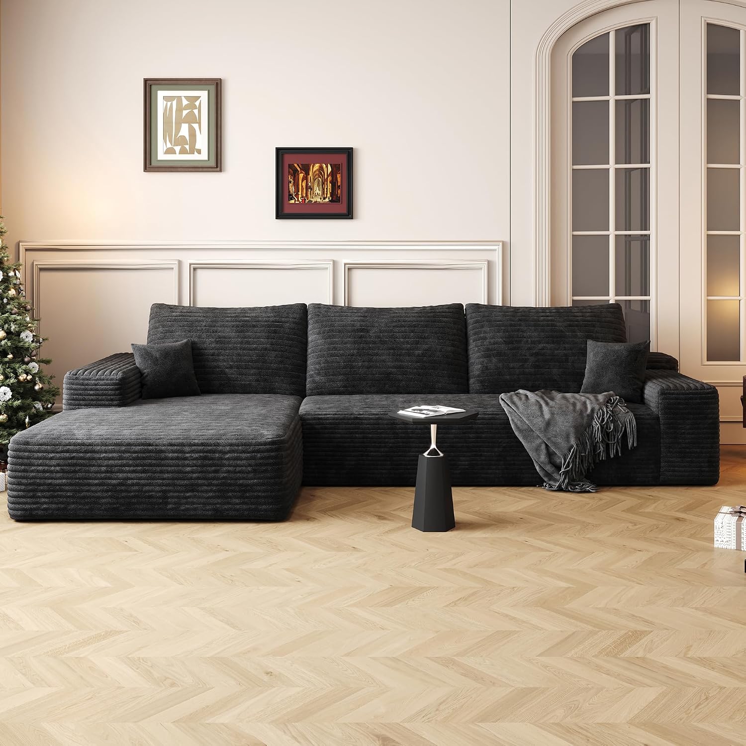 107 inch Cloud Sectional Couch Boneless Sofa in a Box for Living Room, Foam Floor Modular Sectional Sofa w/Deep Seat, Fluffy Corduroy Upholstered Couch with L-Shaped Chaise