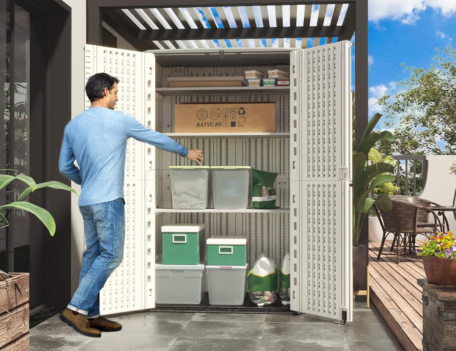 ADDOK Outdoor Storage Cabinet Waterproof,Outdoor Storage Sheds with Floor, Double-Layer Storage Shed for Patios/Generator/Long-Handled Tools (ivory/52 Cu.Ft)