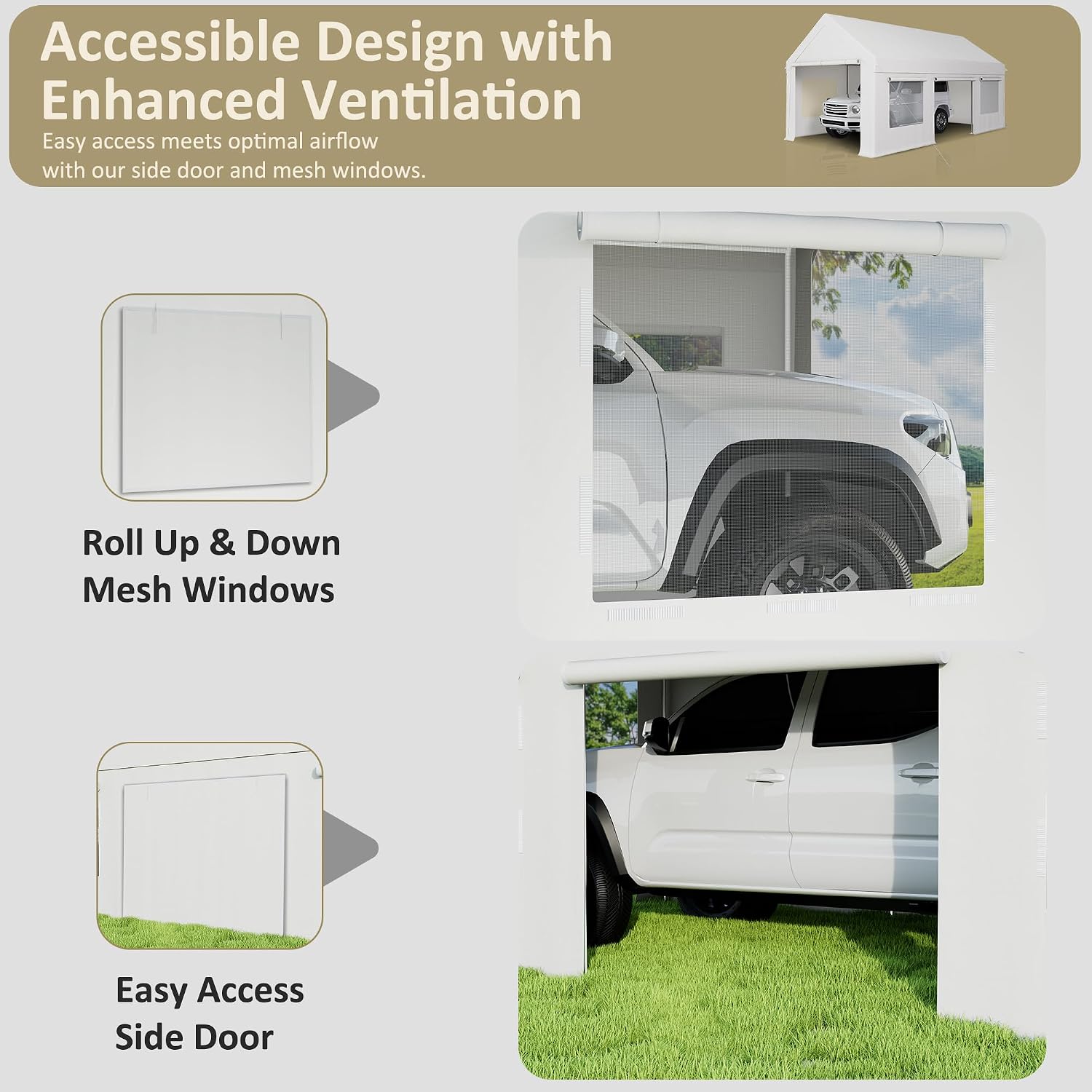 AirWire 12'x20' Heavy Duty Carport with All-Season Tarp, Portable Car Tent Garage with Roll-Up Windows & Side-Opening Door, Enclosed Car Port Canopy with Reinforced Base for Truck, Boat, White