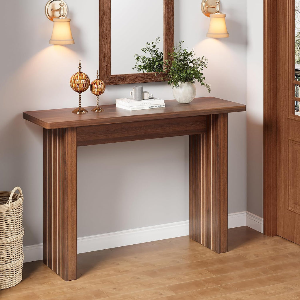 AVZEAR Mid Century Narrow Entryway Console Table, 43.3' Fluted Wood Couch Table Behind Sofa Long and Skinny for Living Room Hallway Entrance Foyer, Walnut