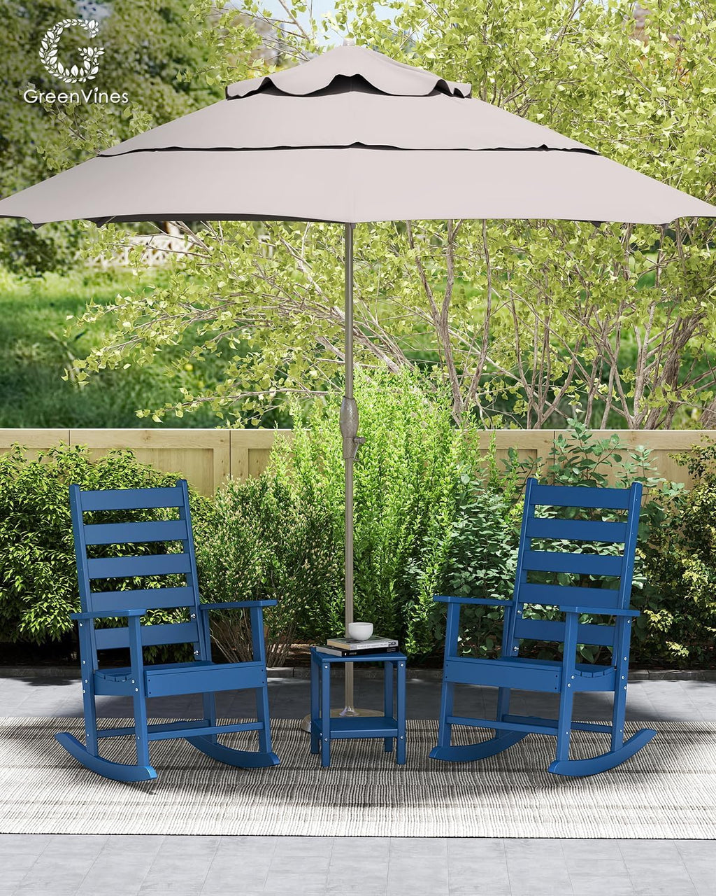GREENVINES Outdoor-Rocking-Chairs-Set-of-2 | HDPE Plastic | Patio Rockers | Porch Rocker Chair | Shaker | Oversized | High Ladder Back | Big & Tall | PentaLuxe | Blue