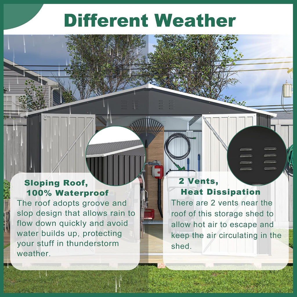 KEIKI 10x12 FT Outdoor Storage Shed, Weatherproof Utility Garden Tool Shed with Door & Lock for Garden Patio Lawn Poolside, Black