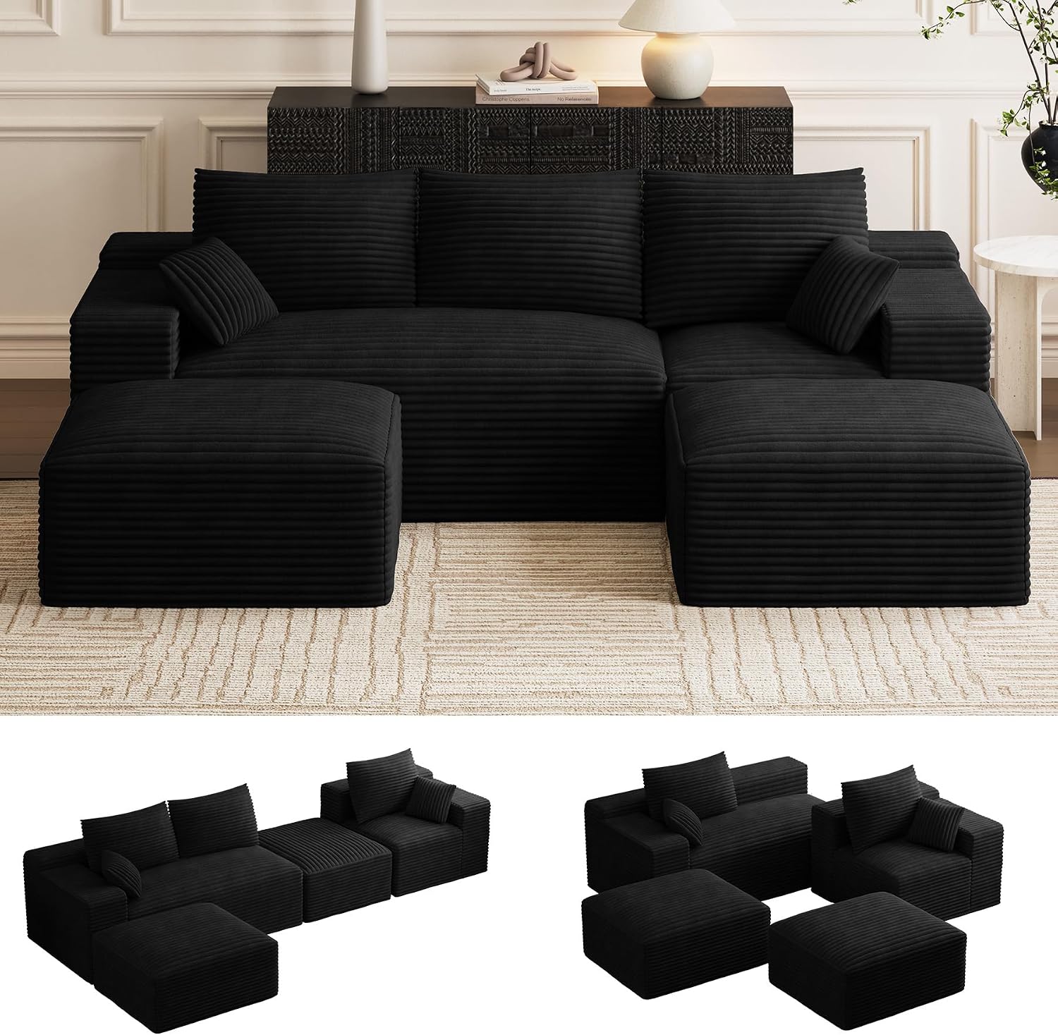 108' Oversized U-Shaped Sectional Couches for Living Room, Comfy Fluffy Corduroy Black Boneless Cloud Couch with 2 Ottomans, Plush Memory Foam Modular Sectional Sofa for Small Spaces