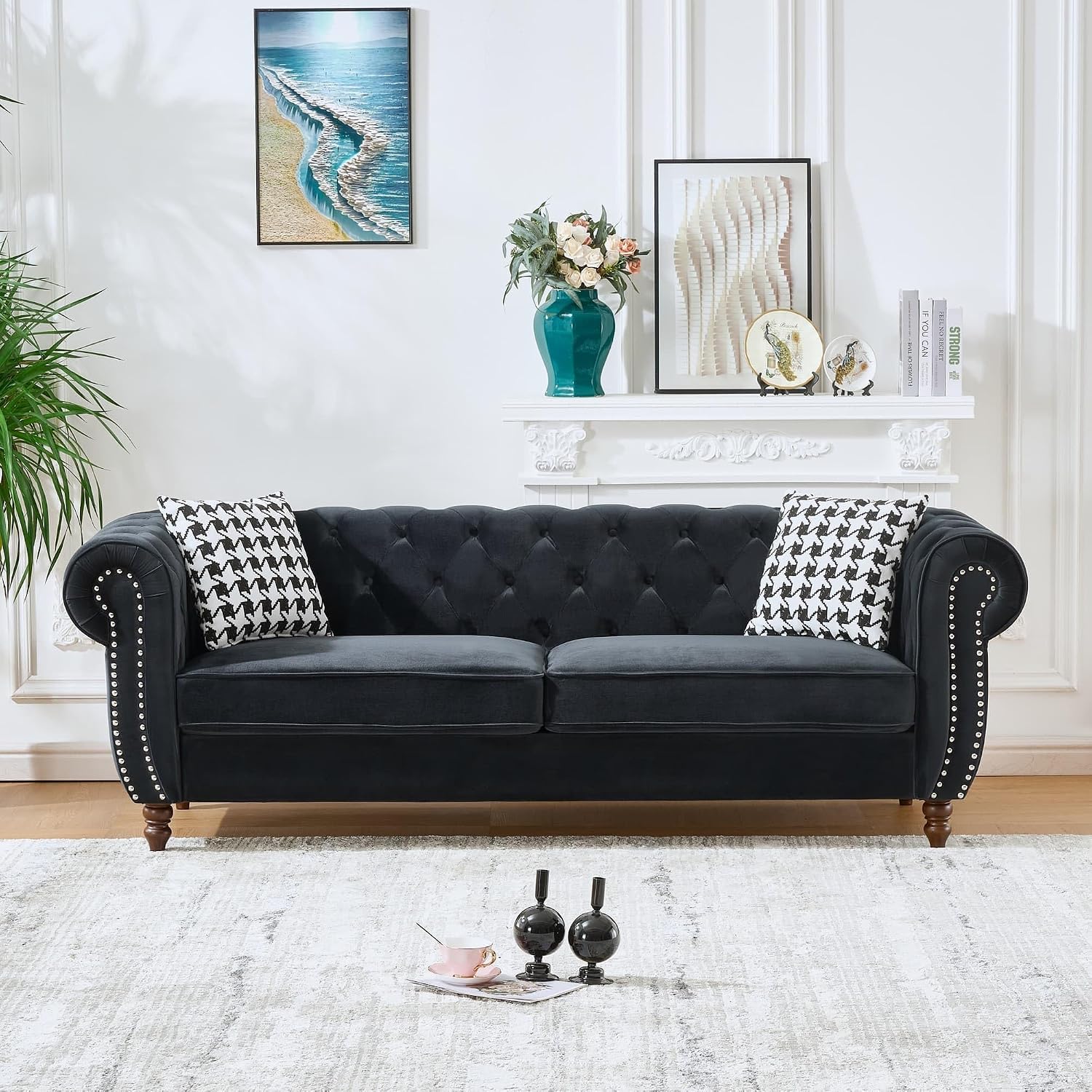 87' Velvet Tufted Sofa for Living Room, Elegant 3 Seater Upholstered Chesterfield Couch with Nailhead Rolled Arms and 2 Pillows for Home Office, Apartment, Studio, Black