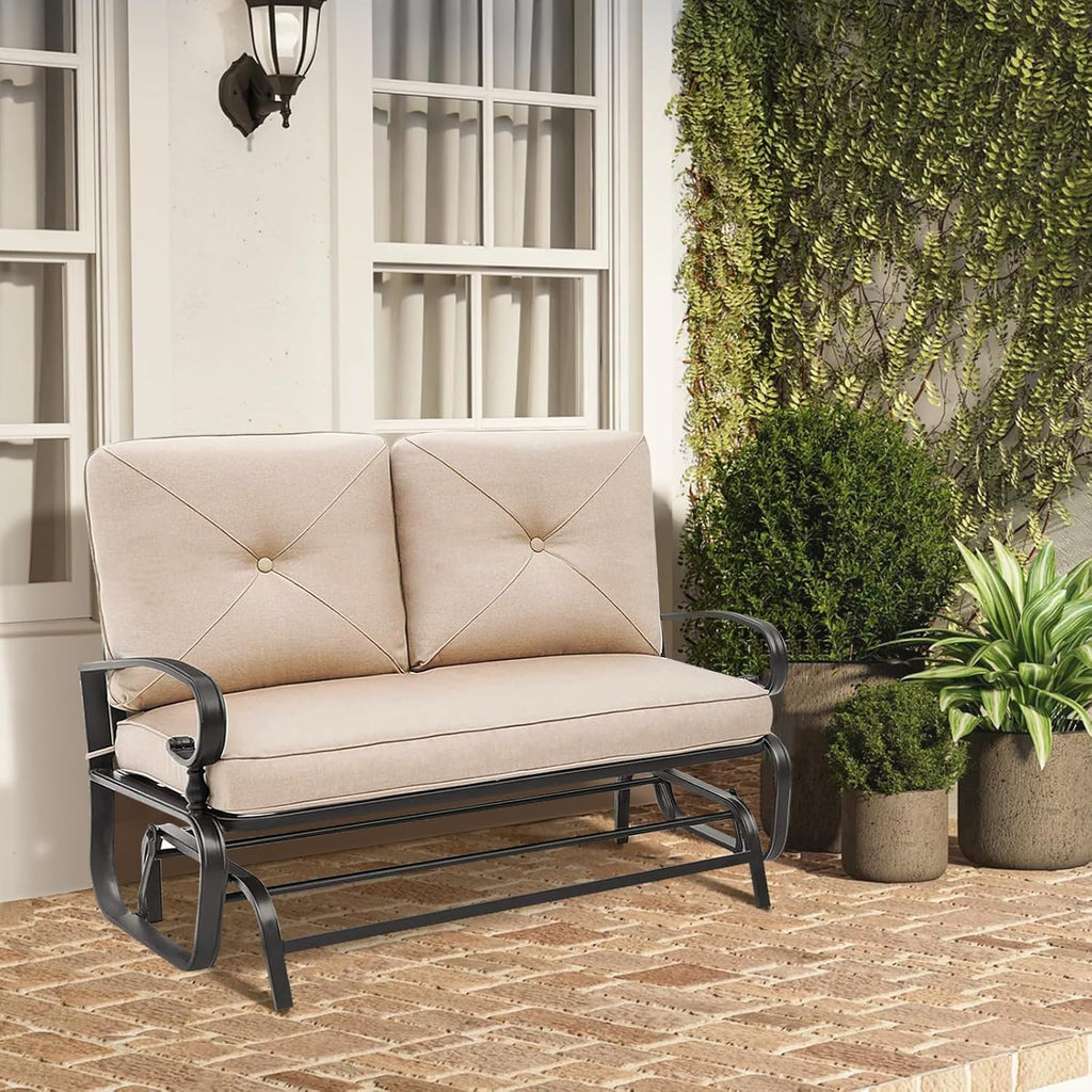 Outdoor Glider Rocking Bench 2 Person Patio Loveseat Steel Frame Furniture Set for Patio, Garden, Yard, Porch with Resistant Cushions (Brown)