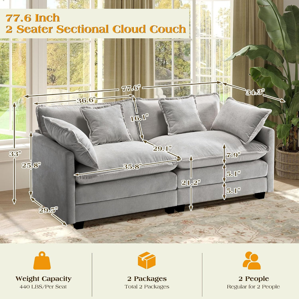77.6' Modular Sectional Sofa,Loveseat Couch for Living Room, Modern Deep Seat Sofa 2 Seater Chenille Fabric Comfy Cloud Couches with Throw Pillows for Apartment,Small Spaces