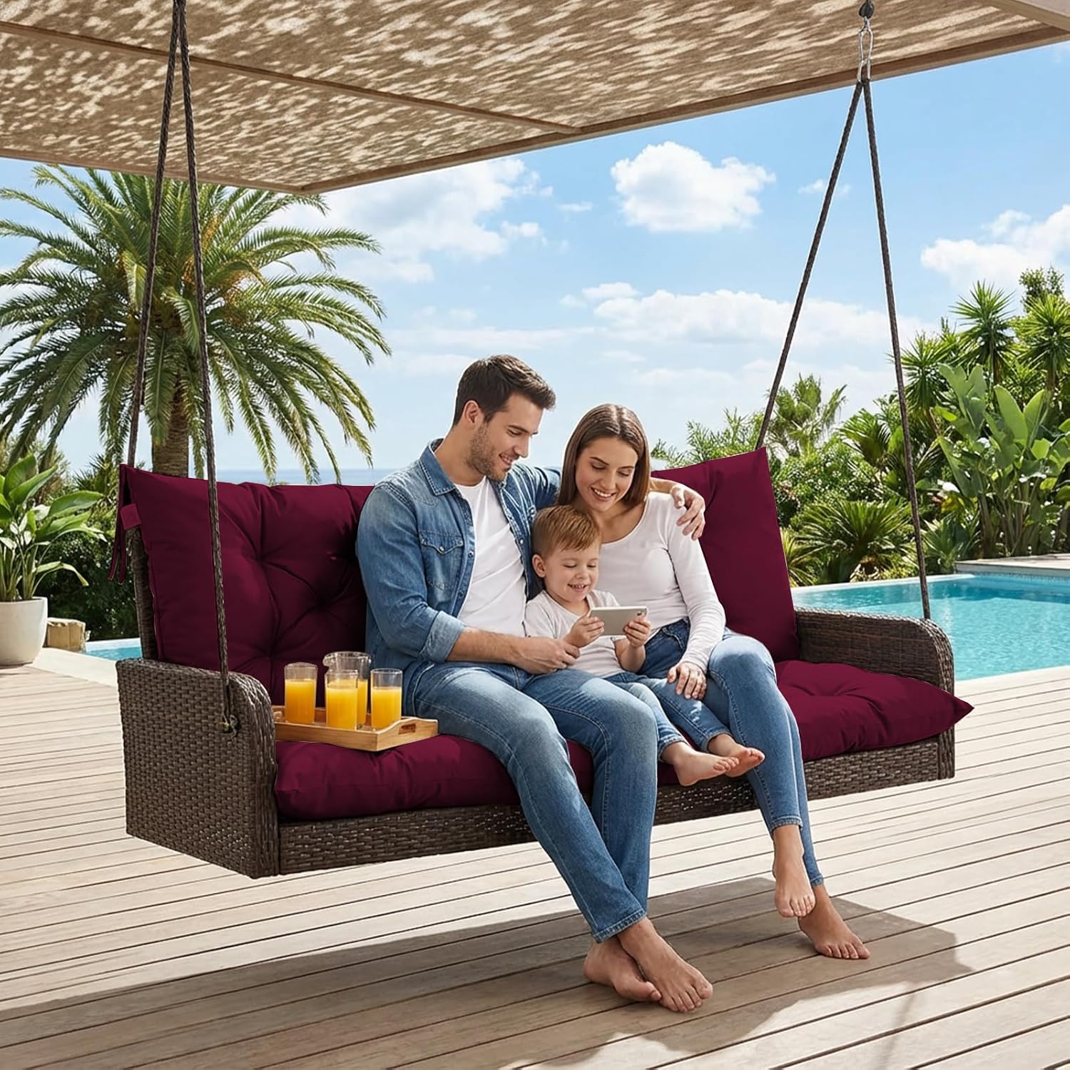Waterproof Porch Swing Cushion Replacement, Thick 4' 2–3 Seat Outdoor Swing Seat Cushion with Backrest & Ties for Patio, Garden & Porch(Claret 40 * 60 in)
