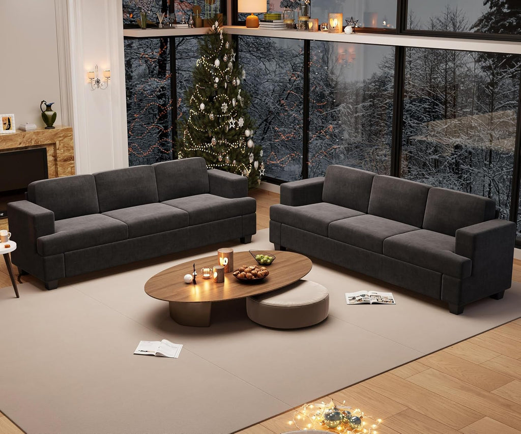 YOUDENOVA 2 Piece Set Comfy Sofa Couch, 2 3-Seater Sofa with Deep Seats, Modern Sleeper Couch for Living Room, Dark Grey Chenille