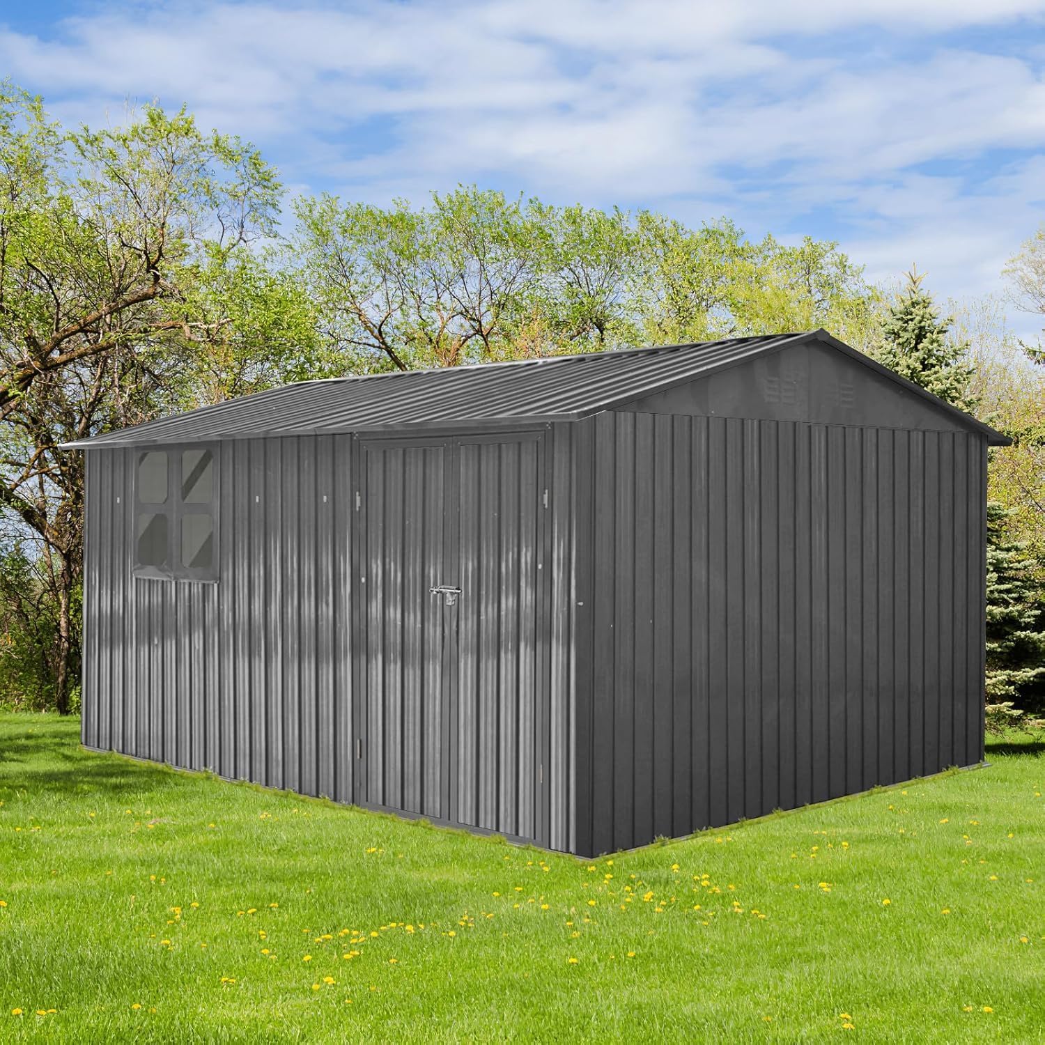 10x12 FT Outdoor Storage Shed, Large Metal Garden Shed with 4-pane Window, Outside Tool Shed with Lockable Hinged Doors & 4 Air Vents, Waterproof Storage Building for Backyard, Patio, Lawn, Gray