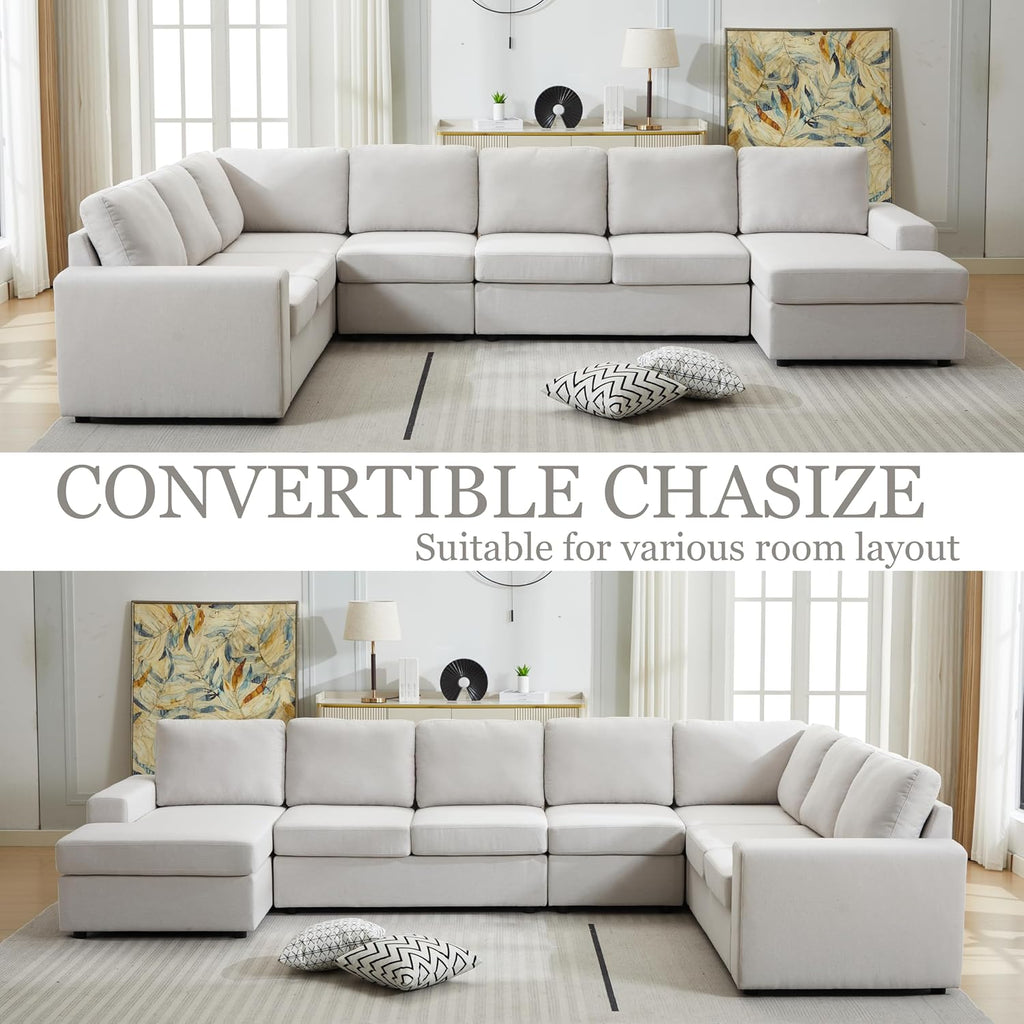 Ball & Cast 147' L-Shaped Sectional Couch for Living Room with Reversible Chaise & Removable Back Cushions,7 Seat Linen Upholstered Convertible Sectional Sofa Set,DIY Combination,for Home,Office,Beige