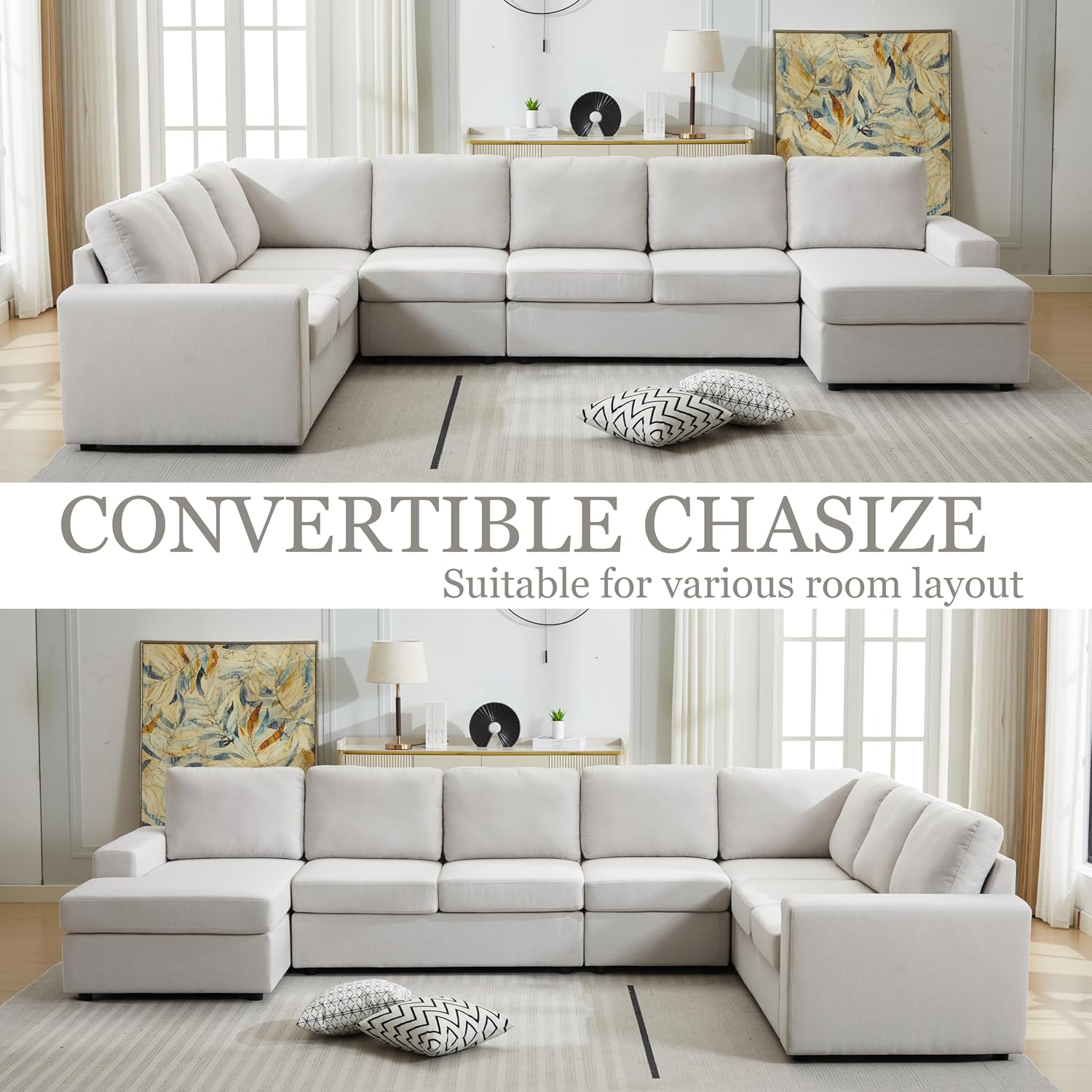 Ball & Cast 147' L-Shaped Sectional Couch for Living Room with Reversible Chaise & Removable Back Cushions,7 Seat Linen Upholstered Convertible Sectional Sofa Set,DIY Combination,for Home,Office,Beige