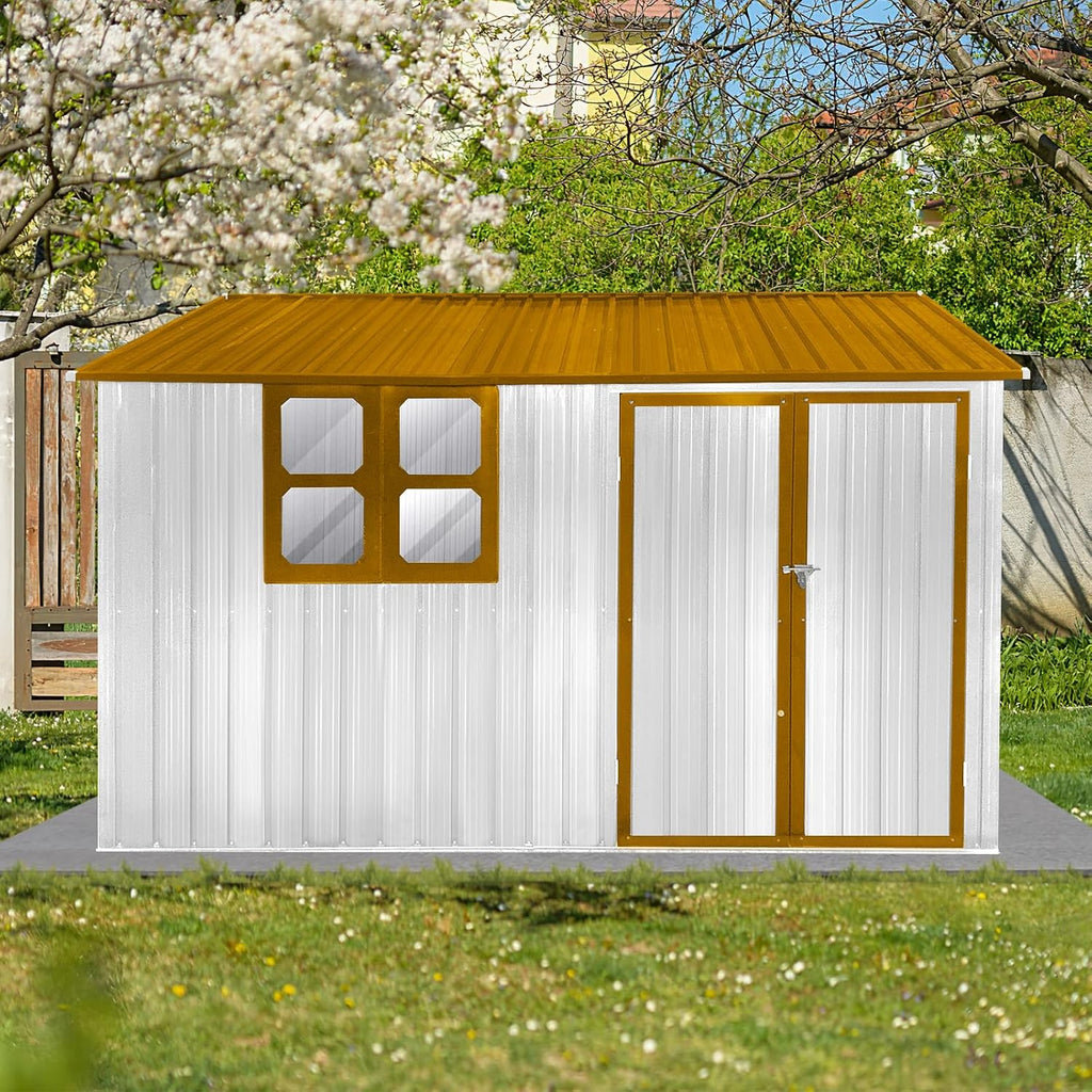 10x8 ft Outdoor Metal Storage Shed with Window, Aluminum Frame and Galvanized Steel Plate Tool Shed with Lockable Door, Air Vent, Waterproof Garden Storage House for Backyard (Yellow/White)
