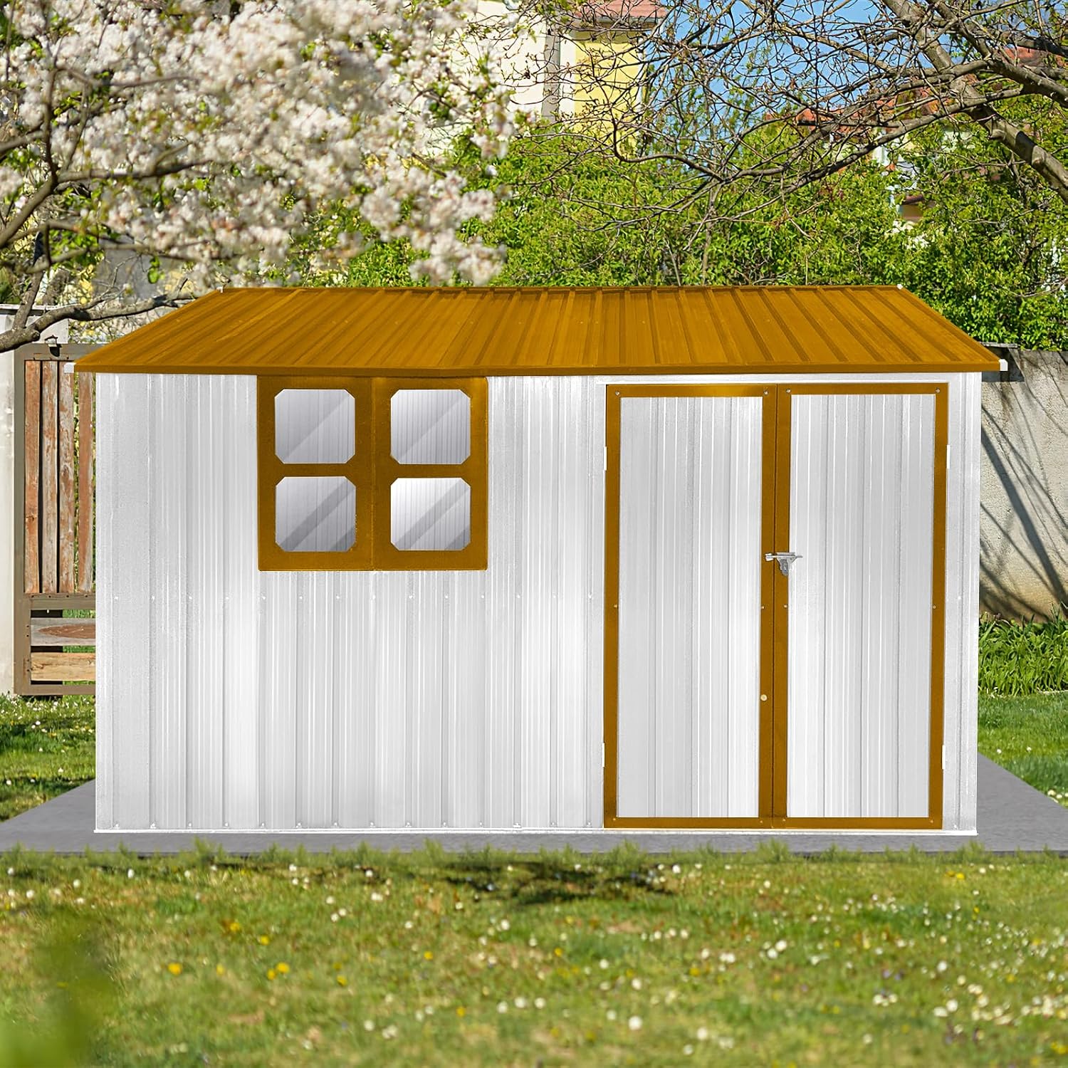 10x8 ft Outdoor Metal Storage Shed with Window, Aluminum Frame and Galvanized Steel Plate Tool Shed with Lockable Door, Air Vent, Waterproof Garden Storage House for Backyard (Yellow/White)