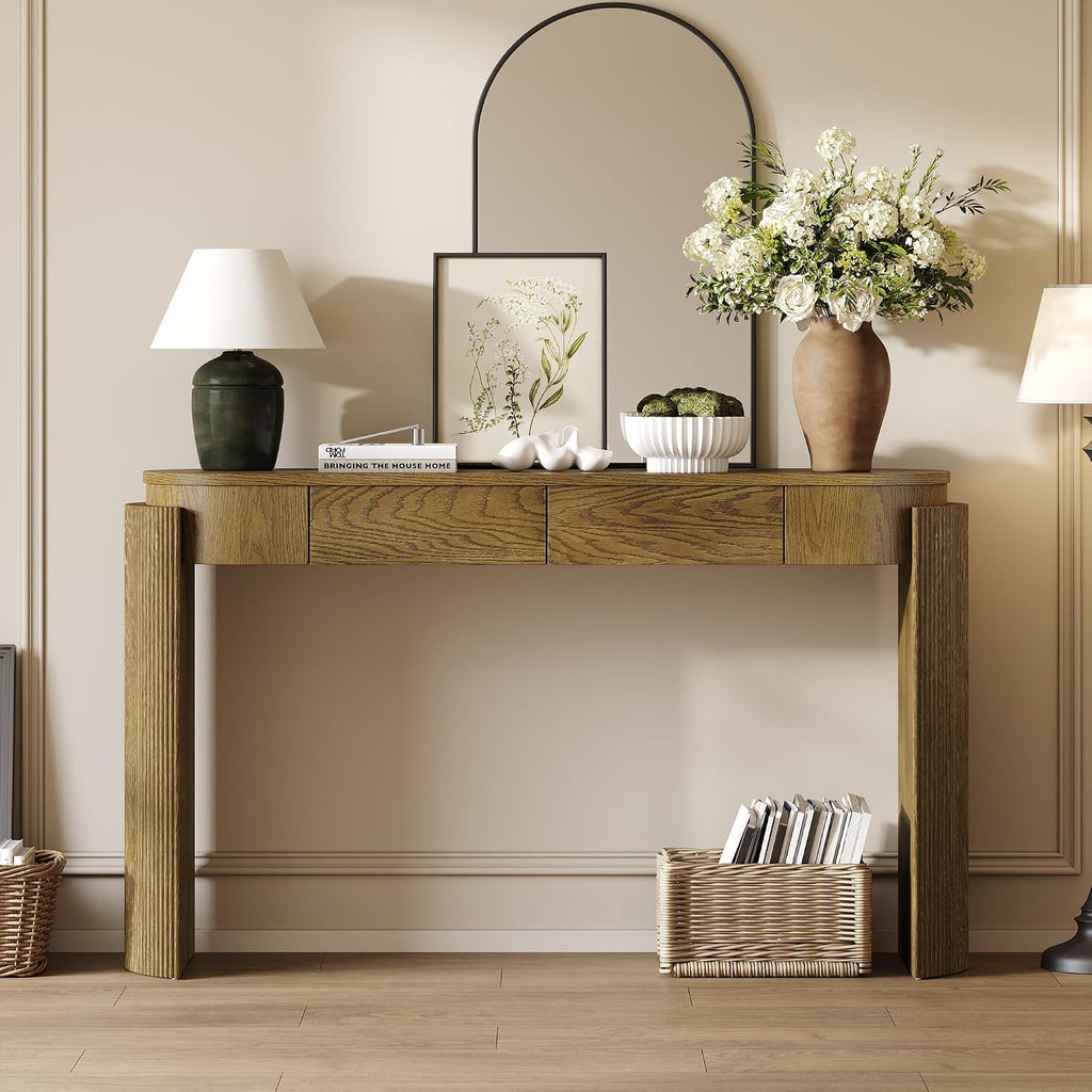 LKTART 55' Sofa Table with Oval Top and 2 Drawers, Entryway Console Table with Fluted Design for Hallway,Foyer,Entry and Living Room (Fully Assembled-Pine Wood)