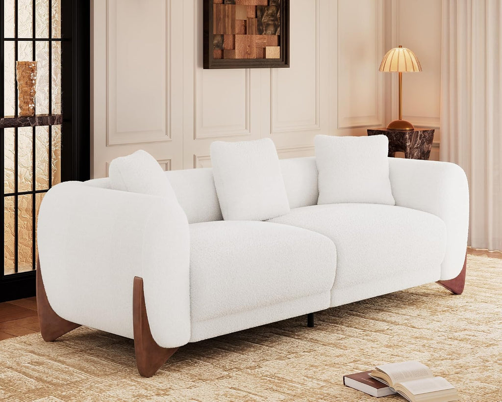 Morden Fort 2 Piece Cloud Couch Set, Modern Sherpa Boucle Sofa Set with Wood Legs, Skin-Friendly Minimalist Upholstered Comfy Couch Sofas for Living Room, 3-Seater Sofa & Tilt Back Chair, Off White