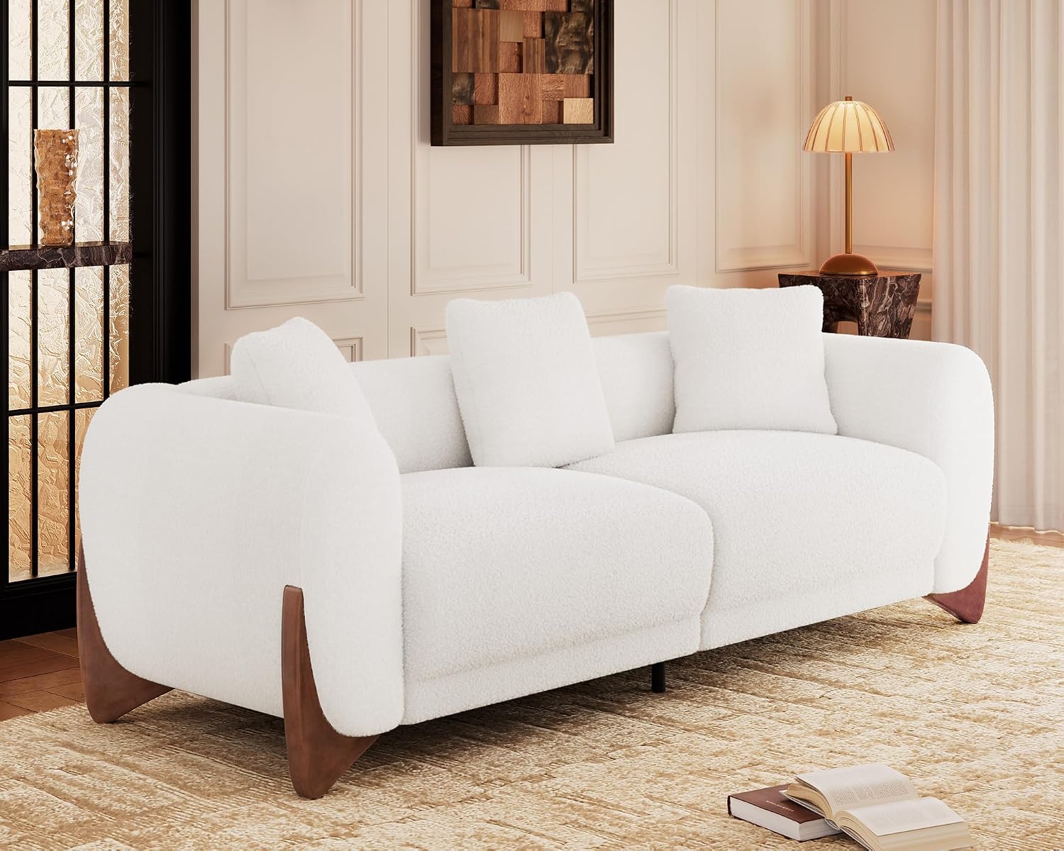Morden Fort 2 Piece Cloud Couch Set, Modern Sherpa Boucle Sofa Set with Wood Legs, Skin-Friendly Minimalist Upholstered Comfy Couch Sofas for Living Room, 3-Seater Sofa & Tilt Back Chair, Off White